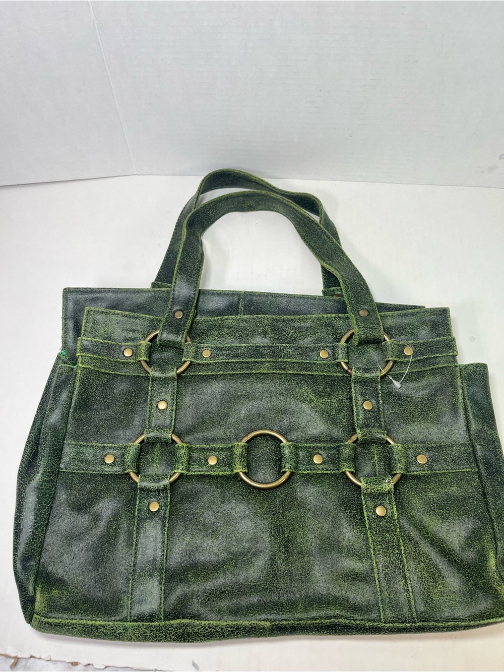 Jasmine Distressed Green Leather Tote with Ring Accent